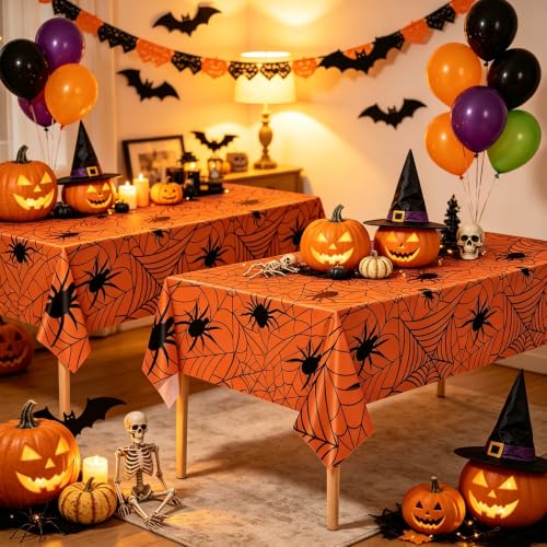Halloween Spiderweb Tablecloths Set - Orange, 2 Pack Rectangular Plastic Coverings