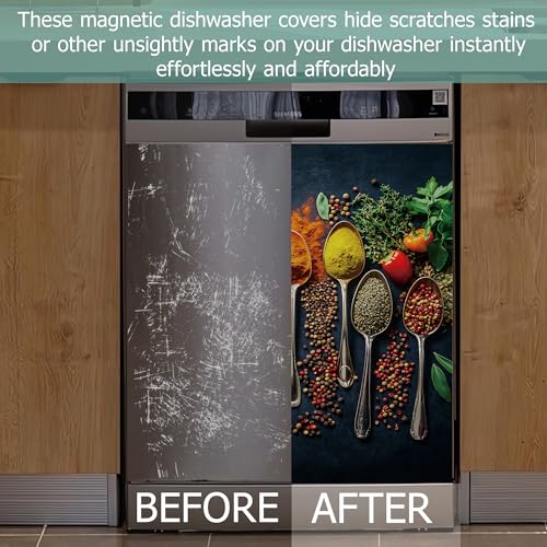 Dishwasher Cover with Spice Spoons Design - Reusable Magnetic Front Panel for Kitchen Decor 23x26 Inch