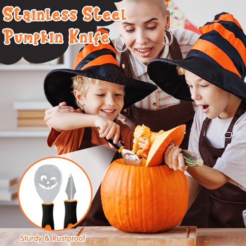 Pumpkin Carving Kit with Stainless Steel Tools, Cookie Cutters, Flameless Candles & Stickers for Halloween