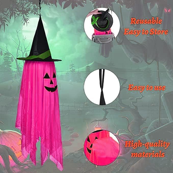 Pink Halloween Hanging Pumpkin Witch Hats 2-Pack Outdoor Decor