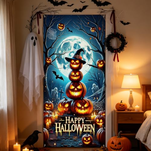 Halloween Door Cover Pumpkin 80x36 Inch Scary Front Door Banner Polyester Fabric