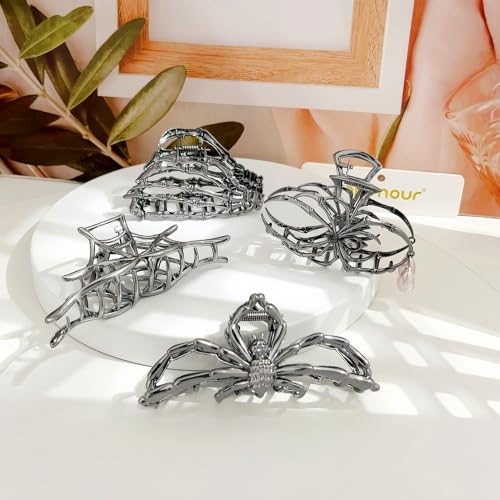 Gothic Hair Claw Clips Set - Spider Web, Skeleton Hand, Spider Pearl - Variation A