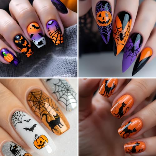 Halloween Nail Stickers Set - 4 Sheets Cute Ghost Pumpkin Bat Decals with Variation Halloween 4 Sheets