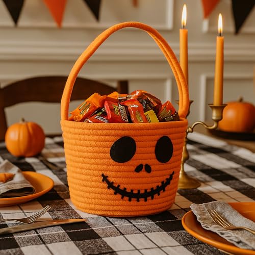 Halloween Woven Basket Candy Storage Bin with Smiley Ghost - Portable Trick or Treat Container
