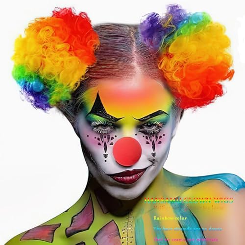 Rainbow Clown Wig Set with Face Gems - 2 Pcs Afro Puff Bow Extensions for Cosplay & Parade