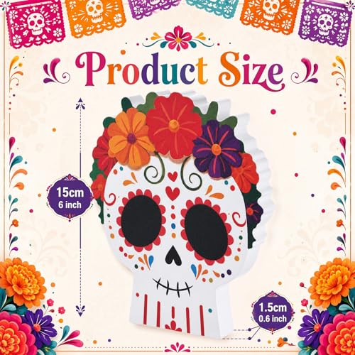 Day of The Dead Sugar Skull Table Decorations with Flower - 2 Pcs Mexican Festive Decor