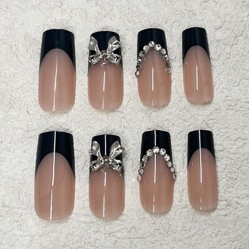 Black French Press On Nails Set with Silver Bow Charms & Rhinestones - Medium Square 24Pcs