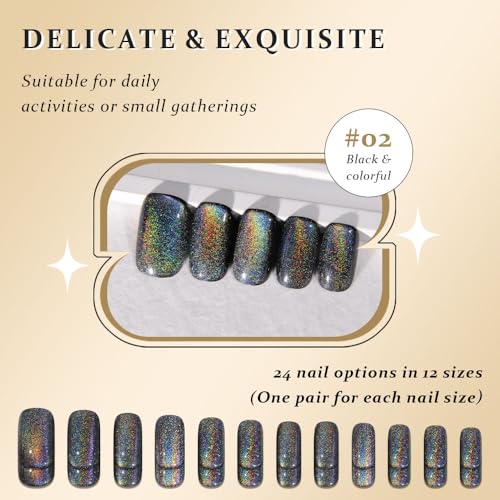 Black Chrome Metallic Cat Eye Press-On Nails Medium Square - 24 Pack, Variation of Medium Square-01 Black Colorful