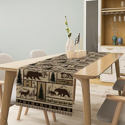 Vintage Rustic Bear Deer Table Runner - Cabin Style 13x90 Inch with Variation Cabin-11