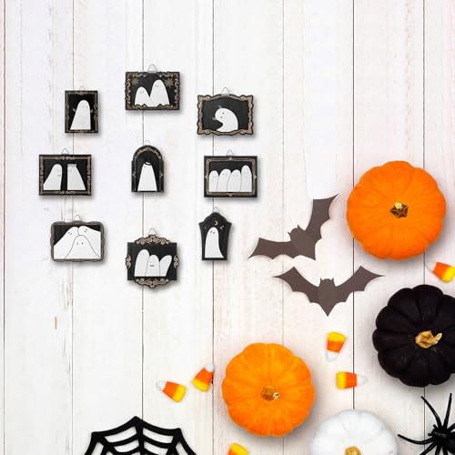 Halloween Ghost Hanging Frame Set - Black & White Wooden Decor, 9 Pieces