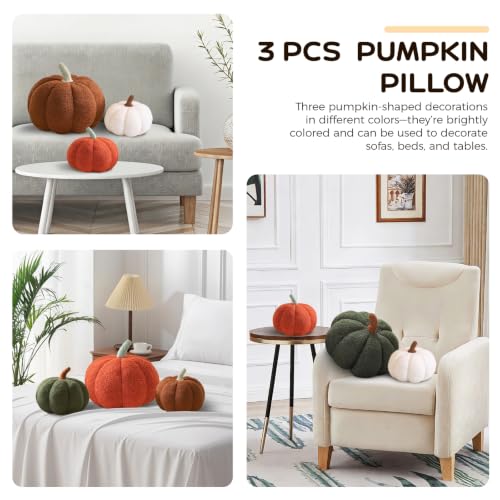 Fall Pumpkin Pillow Set - Brown, White & Green 3-Piece Halloween & Thanksgiving Decor