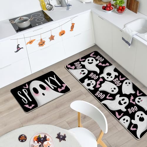 Black Halloween Kitchen Rugs Set of 2 Ghost Spooky Boo Non Slip Decor