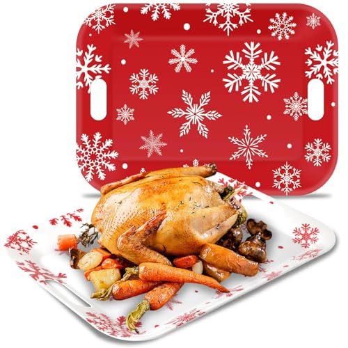Snowflake Winter Serving Trays Set of 2 - Large Rectangular Melamine Platters with Handles for Holiday Food & Dessert