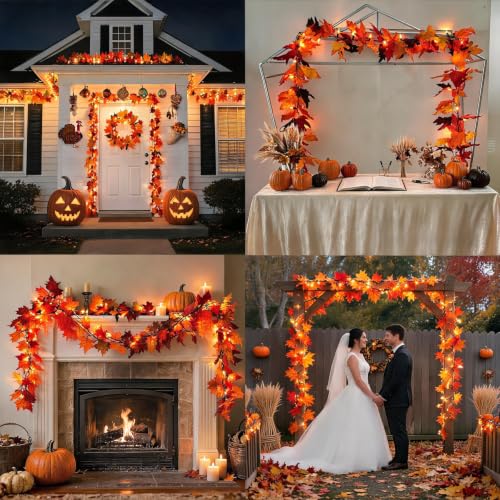 9Ft 3-Pack LED Maple Leaf Garland with Timer & 8 Modes Battery Operated Fall Decorations