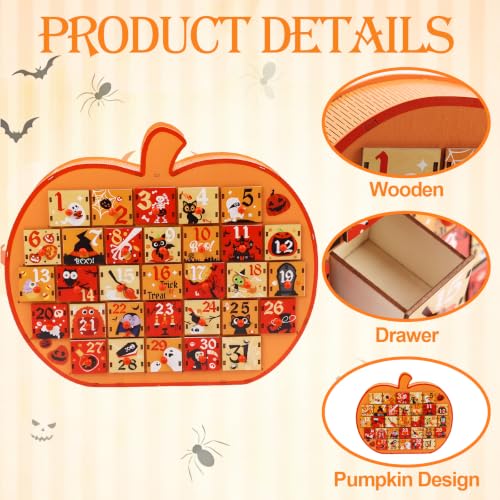 Halloween Pumpkin Countdown Calendar - Wooden Advent Box with Storage Drawers - Orange, 31 Days