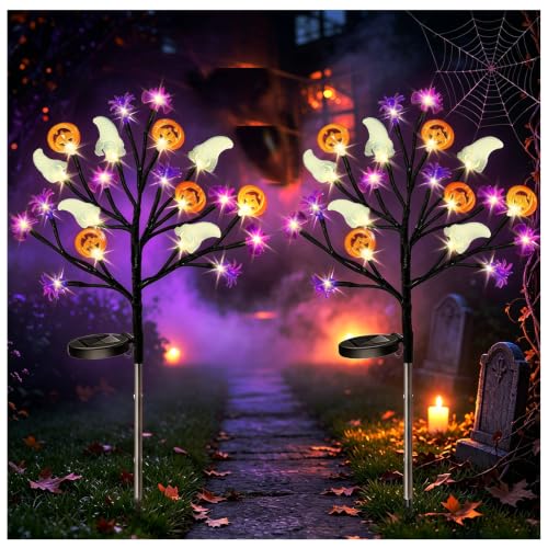 Solar Halloween Pathway Lights 2-Pack Ghosts Bats Spiders Pumpkins Outdoor Decor with 8 Modes