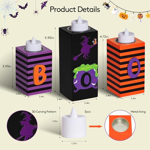 Halloween Wood Candle Holders Set - 3PCS with LED Tea Lights & 3D Carving - Witch Color