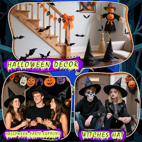 Halloween Witch Hats Set with Bat Wall Decals & Hanging Cord - Yard & Porch Decor
