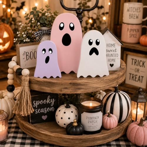 Pink Halloween Ghost Decor Set - Wooden Tabletop Seasonal Decorations
