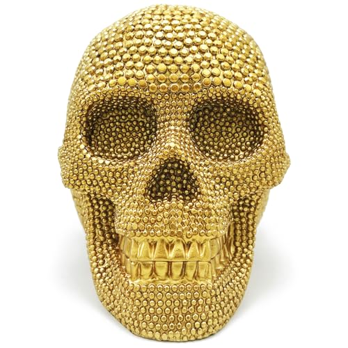 Gold Skull Statue Decor Halloween Gothic Resin Figurine - Large 8.7 Inch