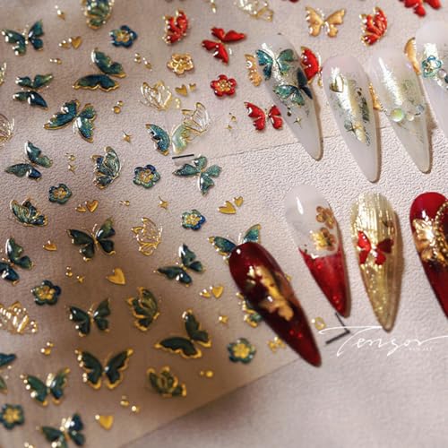 Butterfly Nail Stickers-4 Self-Adhesive 3D Embossed Green Gold Butterfly Designs