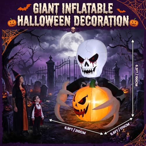 7FT Halloween Skeleton Reaper Inflatable with Jack-o'-Lantern & LED Lights — Outdoor Yard Decor