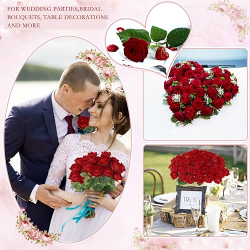 Artificial Red Roses Bulk - 100 Realistic Silk Flowers with Bendable Stems