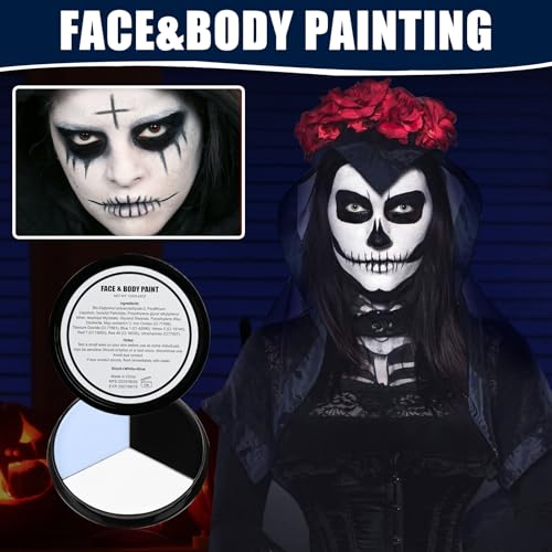 Halloween Face Body Paint Kit with 3 Sponges & Brush - White Black Blue Variation