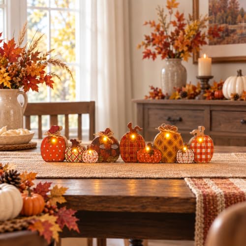 Halloween Pumpkin Decor with Light - Rustic Wooden Fall Centerpiece, Orange