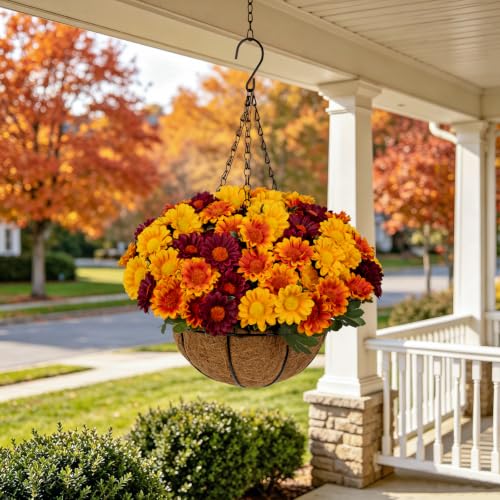 8-Inch Autumn Hanging Basket with Burgundy, Orange & Yellow Daisies - Fall Decor