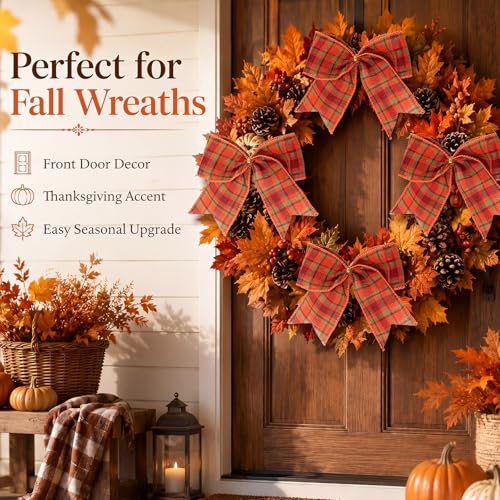 Fall Buffalo Plaid Bow Decorations - 6 Inch Set of 12 in Orange, Green, Red