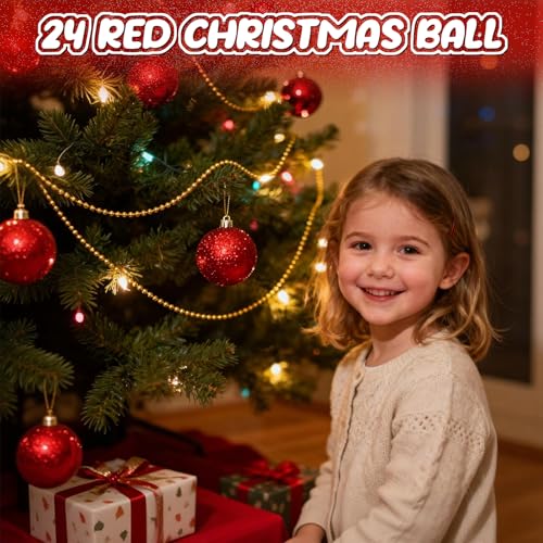 24Pcs Red Christmas Ornament Balls - Shatterproof Holiday Tree Decorations