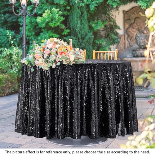 QueenDream Black Sequin Round Tablecloth 132 Inch - Party & Event Decor