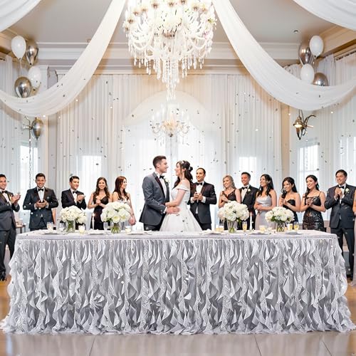 Silver 21ft Sequin Table Skirt for Rectangular Tables - Glitter Fringe Tutu Party Decor