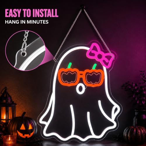 Ghost Pumpkin Glasses Neon Sign LED Light Halloween Wall Decor - Pink Bow Variation