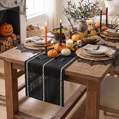 Black Rustic Cotton Linen Table Runner 13x60 Inch Halloween Decor