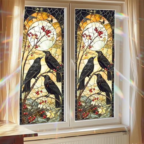 Autumn Window Cling with Black Crows and Red Berries - Halloween & Fall Decor 18x39 PVC