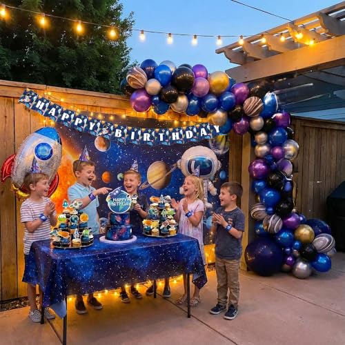 Space Themed Party Decorations Set with Balloons, Banners & Cake Toppers