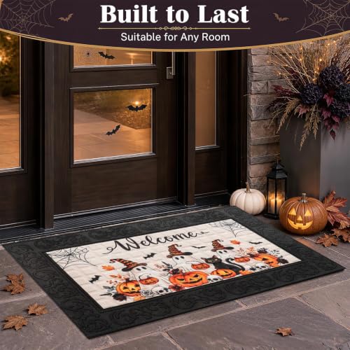 Halloween Welcome Door Mat - Cute Ghost Cat Pumpkin 18x30 Inches - Rubber Doormat