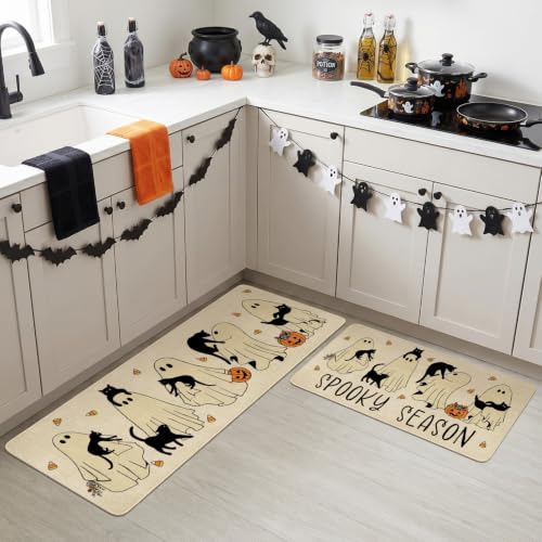 Ghost Black Cat Halloween Kitchen Rugs Set of 2 - Spooky Season Non-Skid Washable Mats