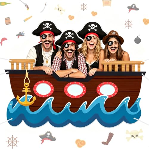 Pirate Party Decorations Kit with Large Ship Backdrop, Hats & Props for Birthday Halloween Events