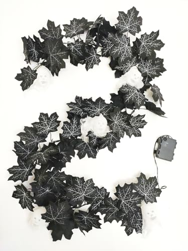 Halloween Black Maple Garland with Purple LED Lights Skeleton & Skull - Veiled Ghost Cobweb Maple