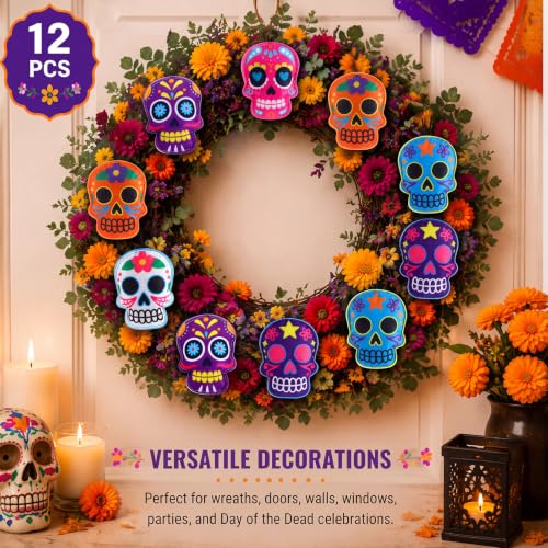 12 Pack Felt Dia De Los Muertos Skull Ornaments for Tree Decoration