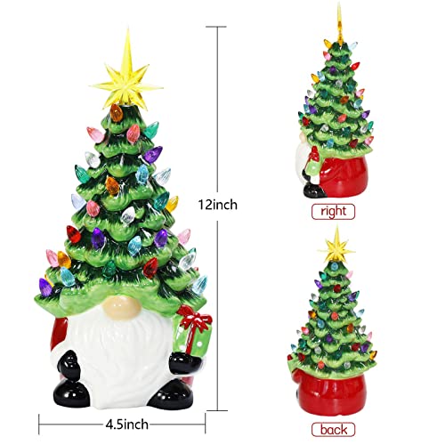 Lighted Ceramic Christmas Gnome Tree - 12 Inch Holiday Decor