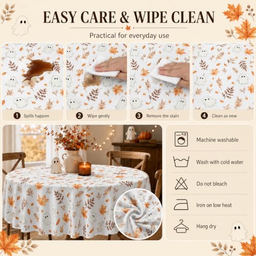 Fall Round Tablecloth 60 Inch Maple Leaves Ghost Autumn Table Cover Brown