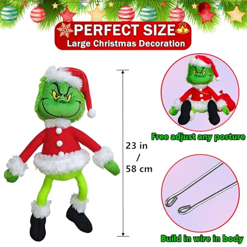 Light Up Christmas Green Monster Decorations - 23.6in Poseable Plush Doll for Indoor & Outdoor Holiday Decor