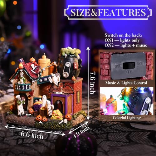 Lighted Halloween Village House with Music & LED Lights - Spooky Haunted House Decor