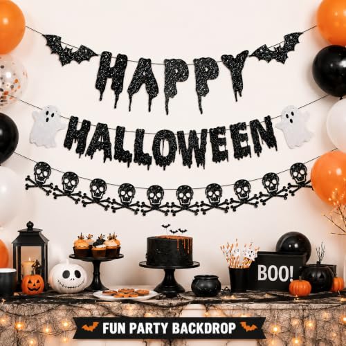 Halloween Banner Decorations with Bat Ghost Skull Glitter Pre-Strung Party Supplies