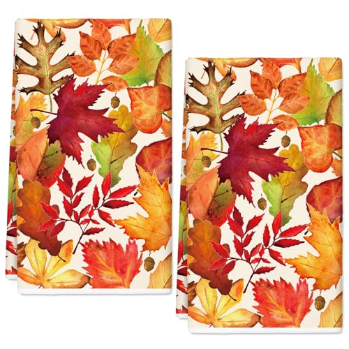 Fall Maple Leaf Kitchen Dish Towels 18x28 Inch Watercolor Decorative Hand Towels - 2 Pack