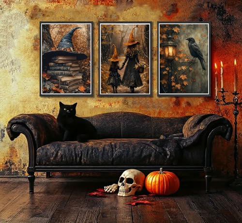 Halloween Canvas Wall Art Set - 3 Pieces 24x16 Inches Gothic Witch Books Crow Autumn Decor